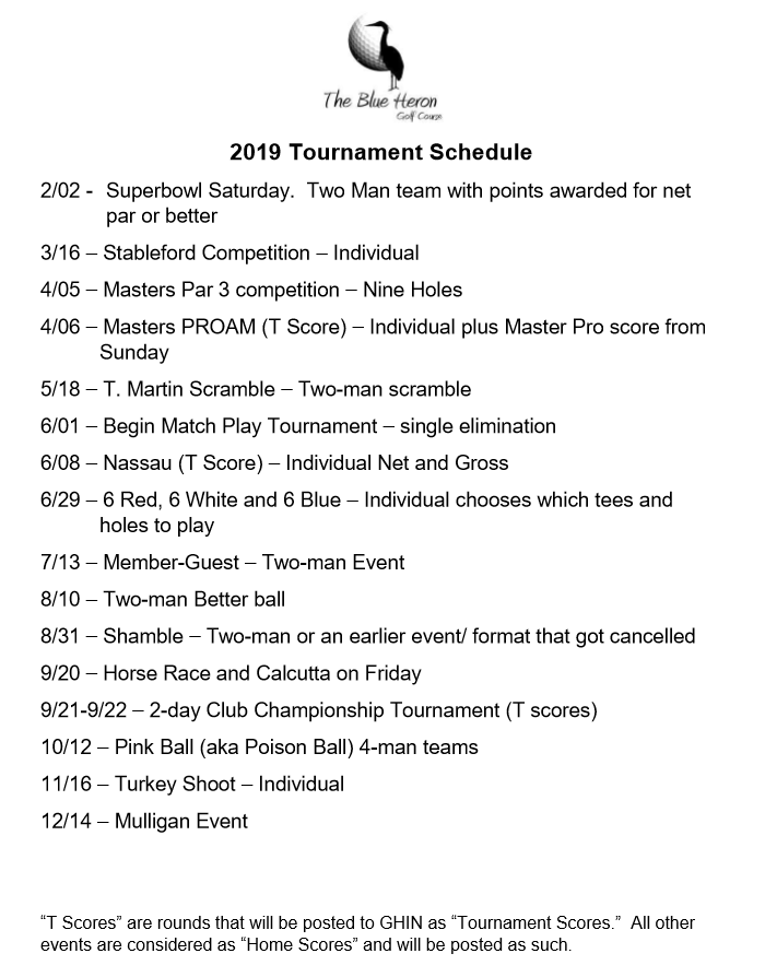Tournament Schedule - The Blue Heron Golf Course