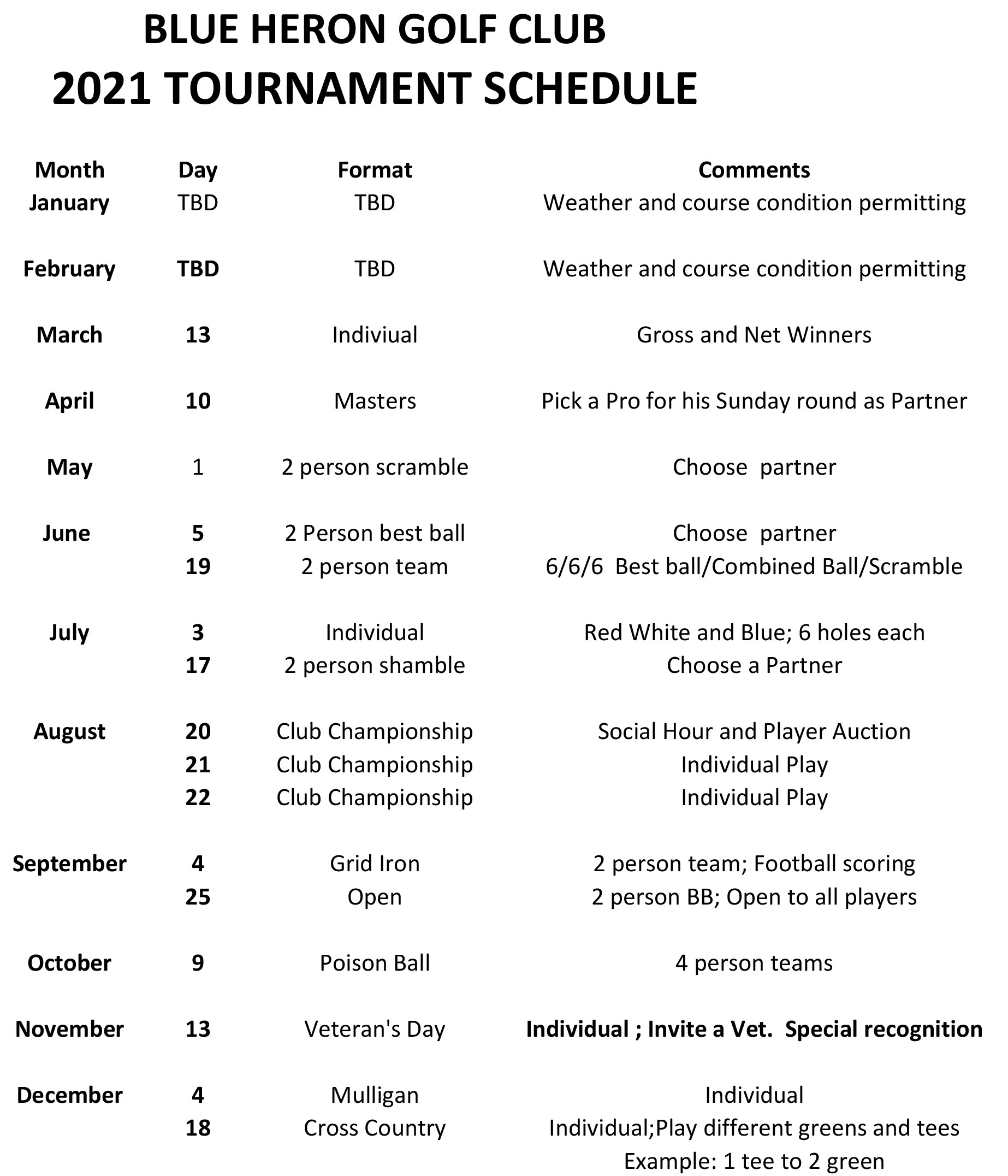Tournament Schedule The Blue Heron Golf Course